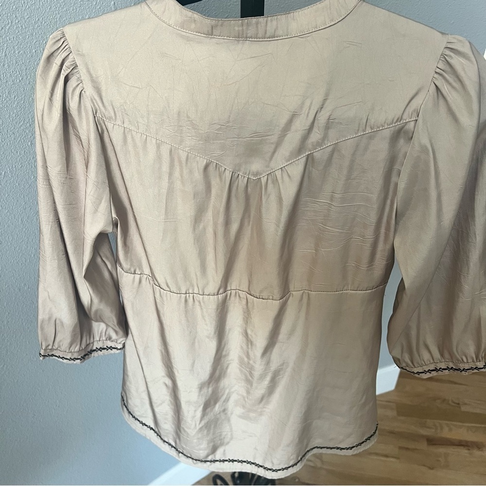 Roper Tan Tunic Blouse with Black Floral Embroidery 3/4 Sleeve - Picture 5 of 9
